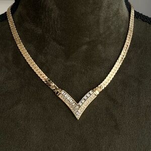 Authentic Vintage Dior V Shape Square Rhinestone Pavé Gold Chain Choker Necklace
